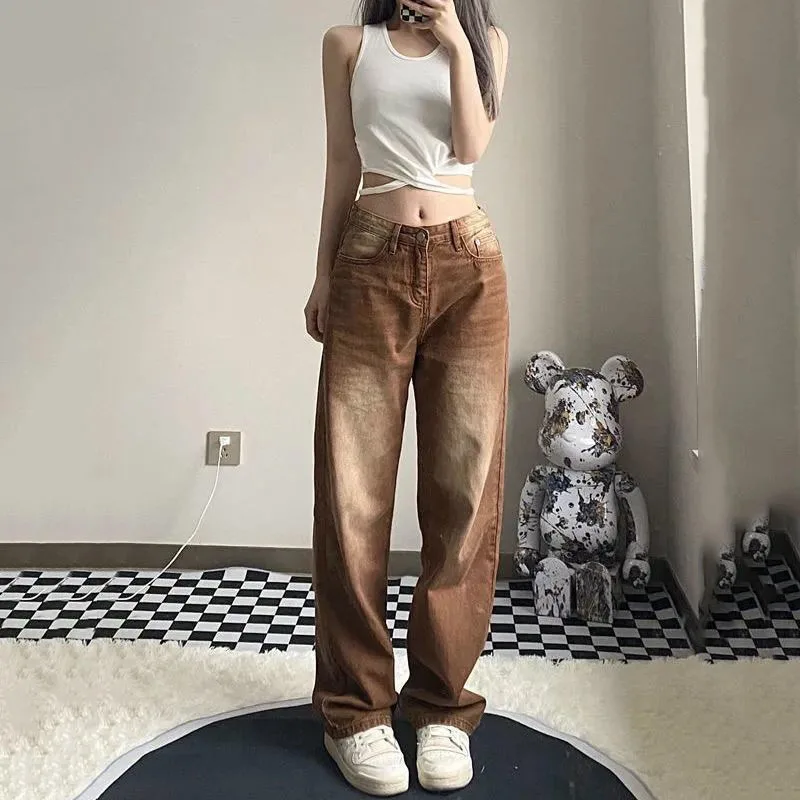 Brown Vintage Baggy Jeans Women 90s Streetwear Pockets Wide Leg Cargo Pants Low Waist Straight Denim Trousers 2021 Big Size XXL