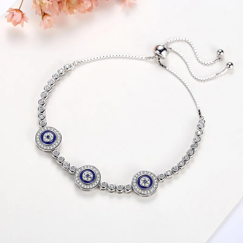 TONGZHE 925 Sterling Silver Tennis Woman Bracelets Jewelry Cubic Zirconia Blue Round Hamsa Evil Eye Bracelet For Women Men