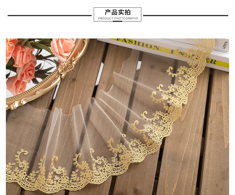 3Yards Soft Ivory Tulle Mesh Gold Fabric Venise Lace Trim Embroidery Sewing Crafts Doll Material Lace Edge Skirt 14cm