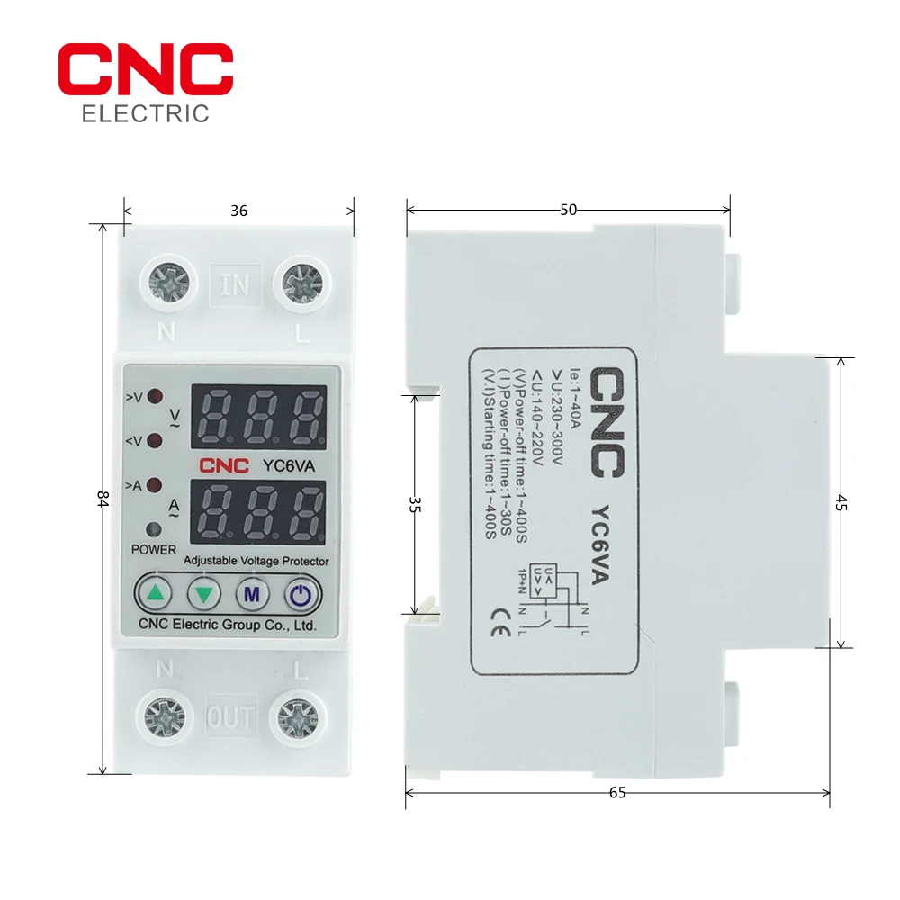 CNC YC6VA 230V Dual LED Display Din Rail Adjustable Over Under Voltage Current Protective Device Protector Relay