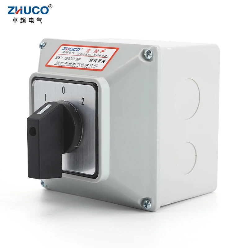 

ZHUCO SZW26/LW26-32 32A 3 Position 2 Phase 1-0-2 Automatic Universal Changeover Rotary Knob Cam Switch With Waterproof Box