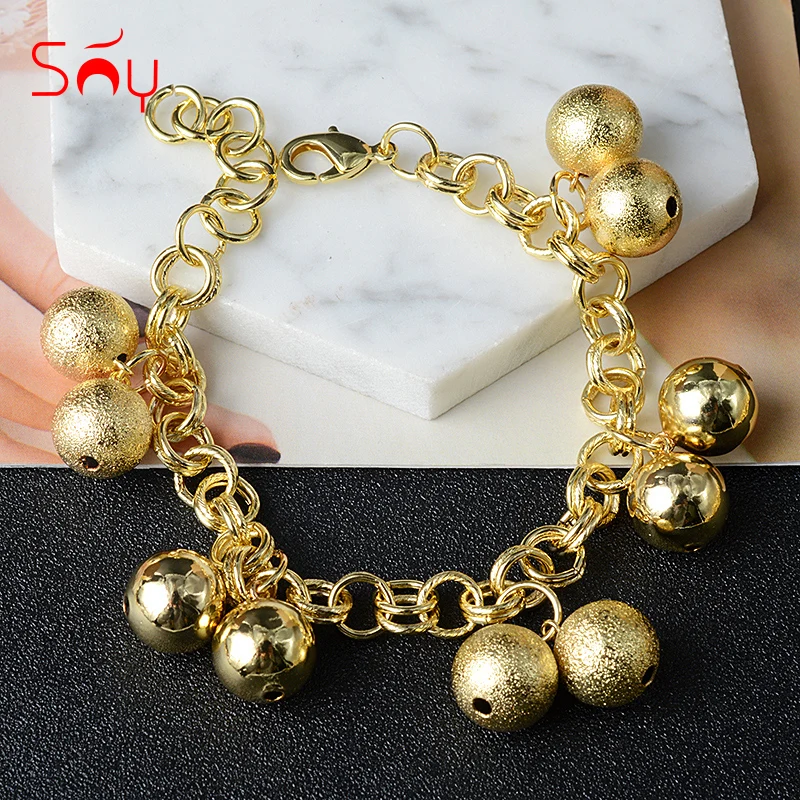 Sunny Jewelry 18K Gold Plated Round Bead Charm Bracelet for Women Ball Shape Pendant Hand Link Chain Party Wedding Jewellery