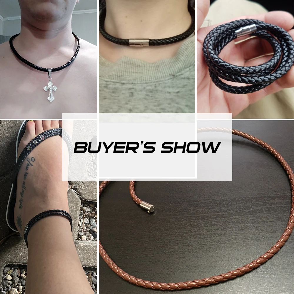 Mens Necklace Choker Brown Black Braided Cord Rope Artificial Leather Necklace For Men Stainless Steel Clasp 4/6/8mm LUNM09 image 6