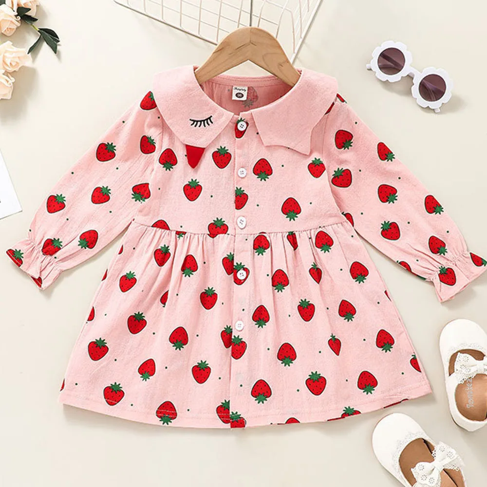 

Baby Girls Strawberry Print Dresses Clothes Kids Autumn Princess Children Dresses A-Line Long Sleeve Casual Toddler Button Dress