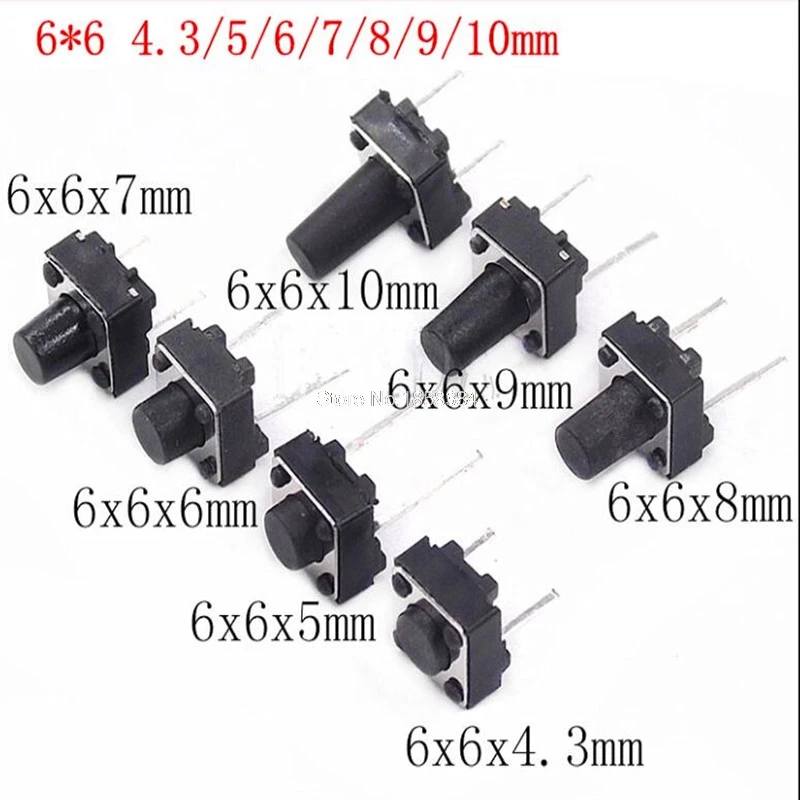 

1000PCS/LOT 6*6*4.3/5/6/7/8/9MM touch switch button switch 2 pin in the middle two feet 6x6x4.3