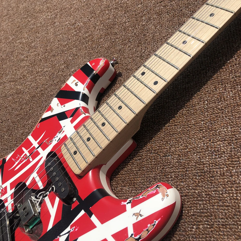 Eddie guitar/Heavy Aged/Black white red stripe/Franken Red Electric Guitar/Frankenstrat Free Shipping