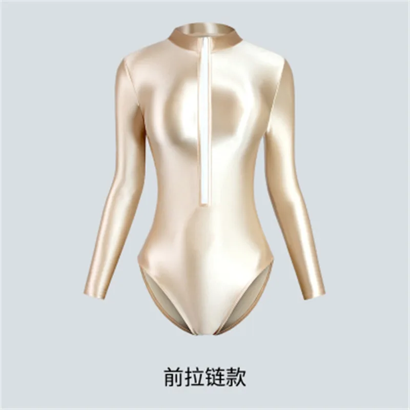 XCKNY-traje de baño de satén brillante de una pieza para mujer, medias aceitosas, sexy, ajustado, brillante, tenedor alto, manga larga, camiseta de