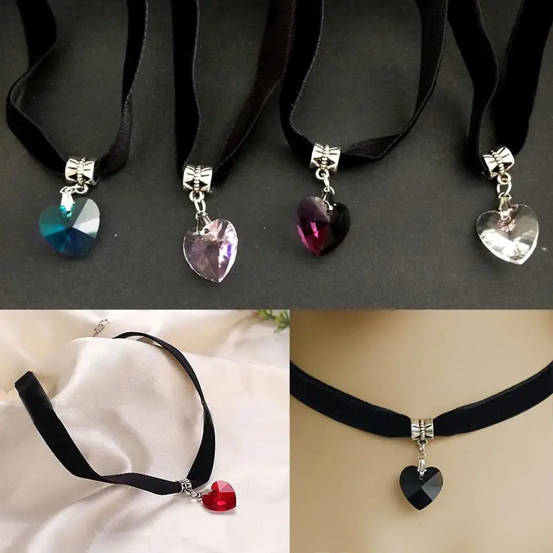 New 1pcs Gothic Velvet Heart Crystal Choker Handmade Necklace Pendant Retro 80 90s