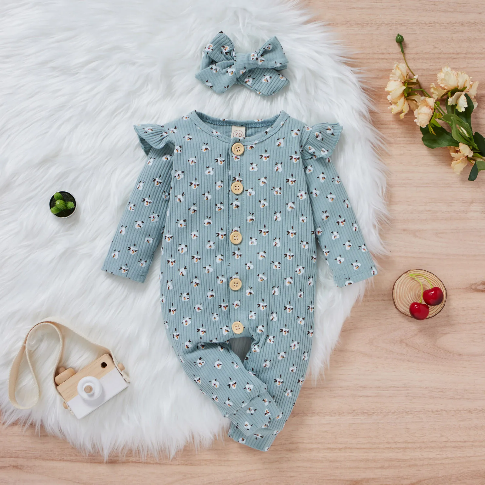 Newborn Baby Girls Romper Cotton Long Sleeve Floral Print Jumpsuit +Headband Sets Outfit Baby Fall Girl Clothing 6 9 12 18 Month