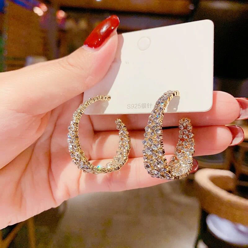 Exquisite Shiny Rhinestone Gold Color Circle Hoop Earrings For Women Temperament Personality Exaggerated Earring Fashion Jewelry