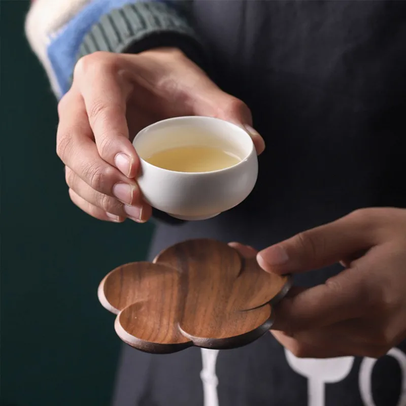 Solid Wood Coaster Cup Mat Flower Petal Heat Resistant Drink Mat Natural Peach Wood Kungfu Tea Cup Pad Non-slip Insulation Mat