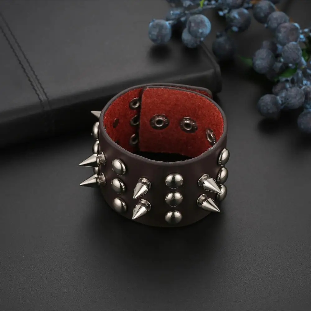 Boniskiss Punk Gothic Heavy Rivet Spike Stud Cone Wide PU Leather Cuff Bracelet Men Womens Wristband Cosplay Rock Unisex Jewelry