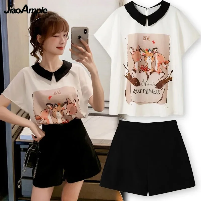 Summer Shorts Set 2021 New Trend Doll Collar Short-Sleeved Pants Two-Piece Women's Casual Elegant Tops Blouse Fashion Clothes