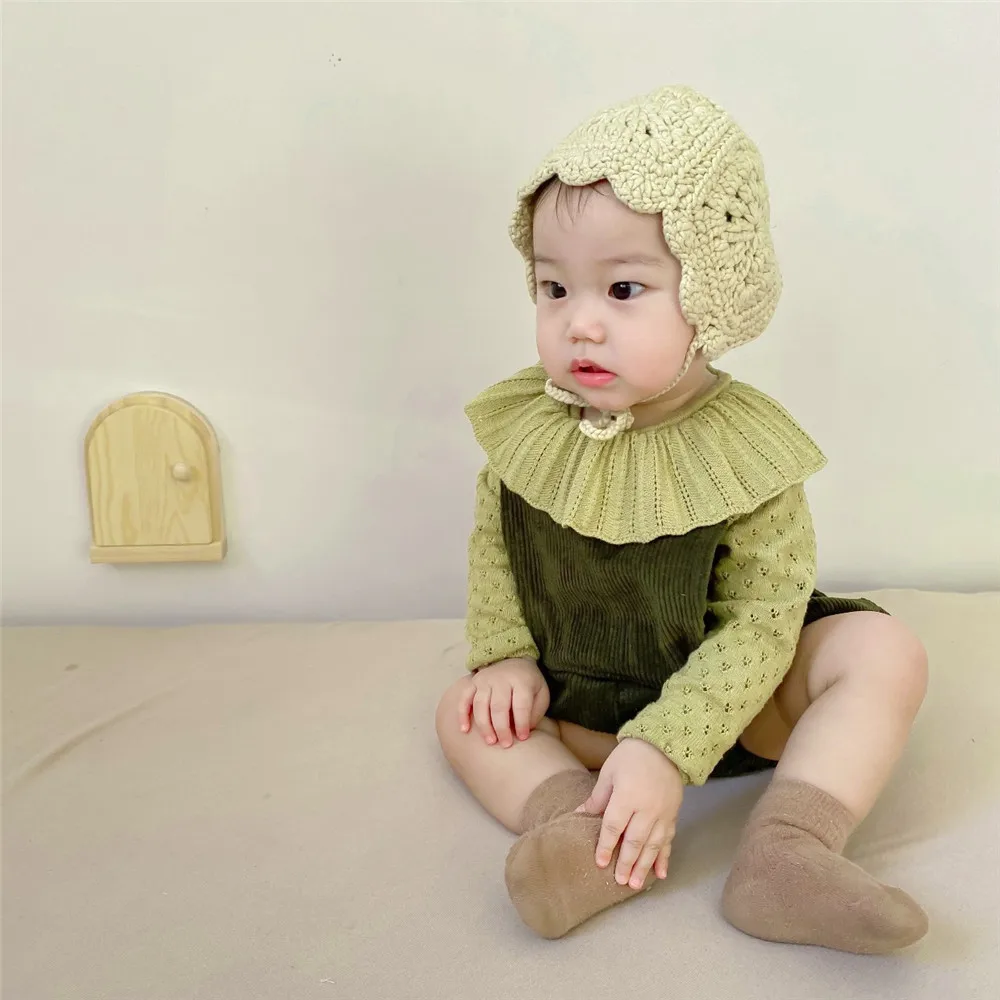 Spring Autumn New Baby Solid Sweater Newborn Girl Ruffle Collar Tops Girls Hollow Sweater Baby Boy Knitted Bottoming Sweater