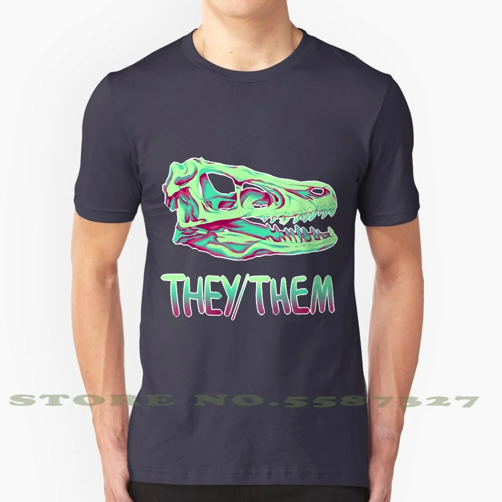 Velociraptor Skull 100% Pure Cotton T-Shirt Velociraptor Skull Bones Color Them Pronouns Nonbinary Queer Dinosaur