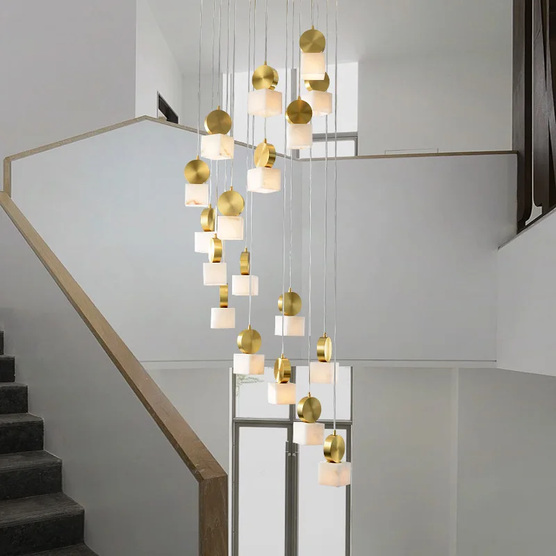 Stairs Marble Long Chandelier Modern Minimalist Villa Atmosphere Living Room Loft Duplex Building All Copper Chandelier