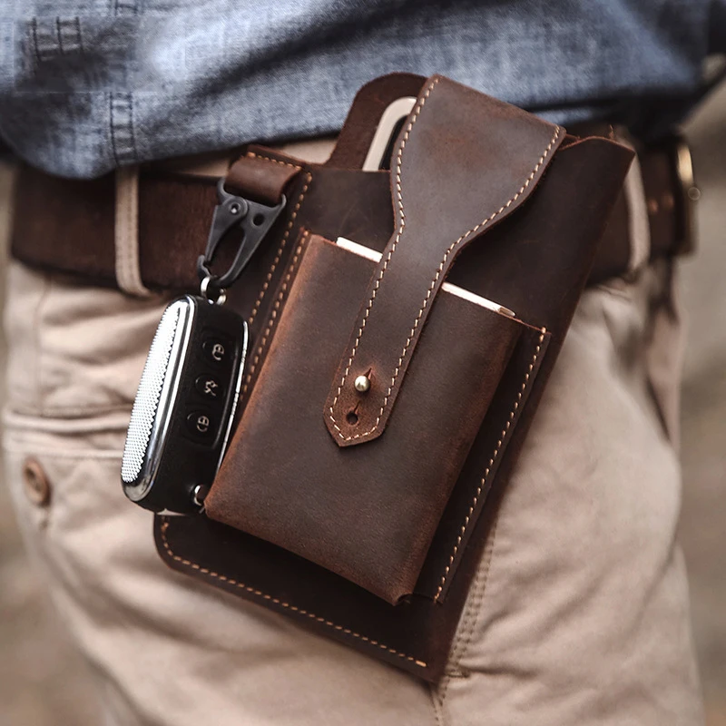 Vintage Crazy Horse Genuine Leather Waist Pack for Men Multifunction Sports Outdoor Cellphone pouch Holster Belt Man Waist Bag