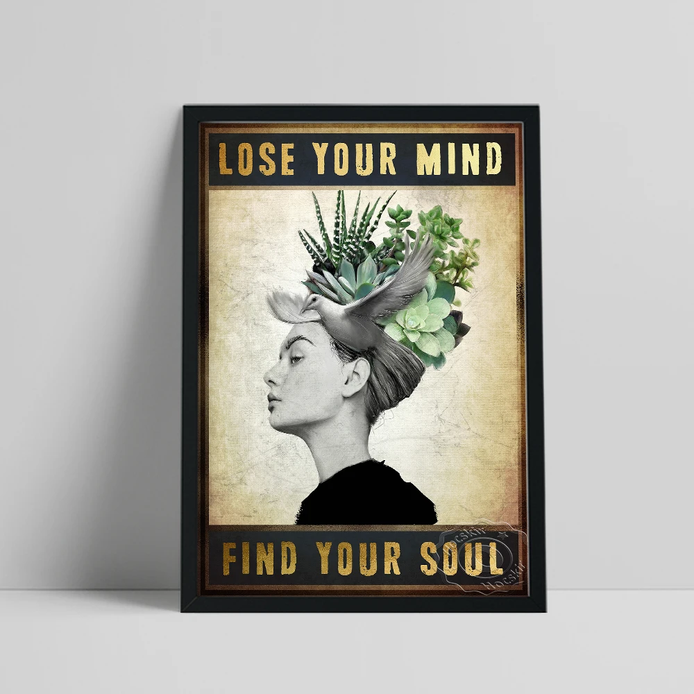 

Vintage Lose Your Mind Find Your Sooul Painting, Girl Pigeon Leaf Wall Prints, Inspirational Letter Decor, Lovers Wall Stickers