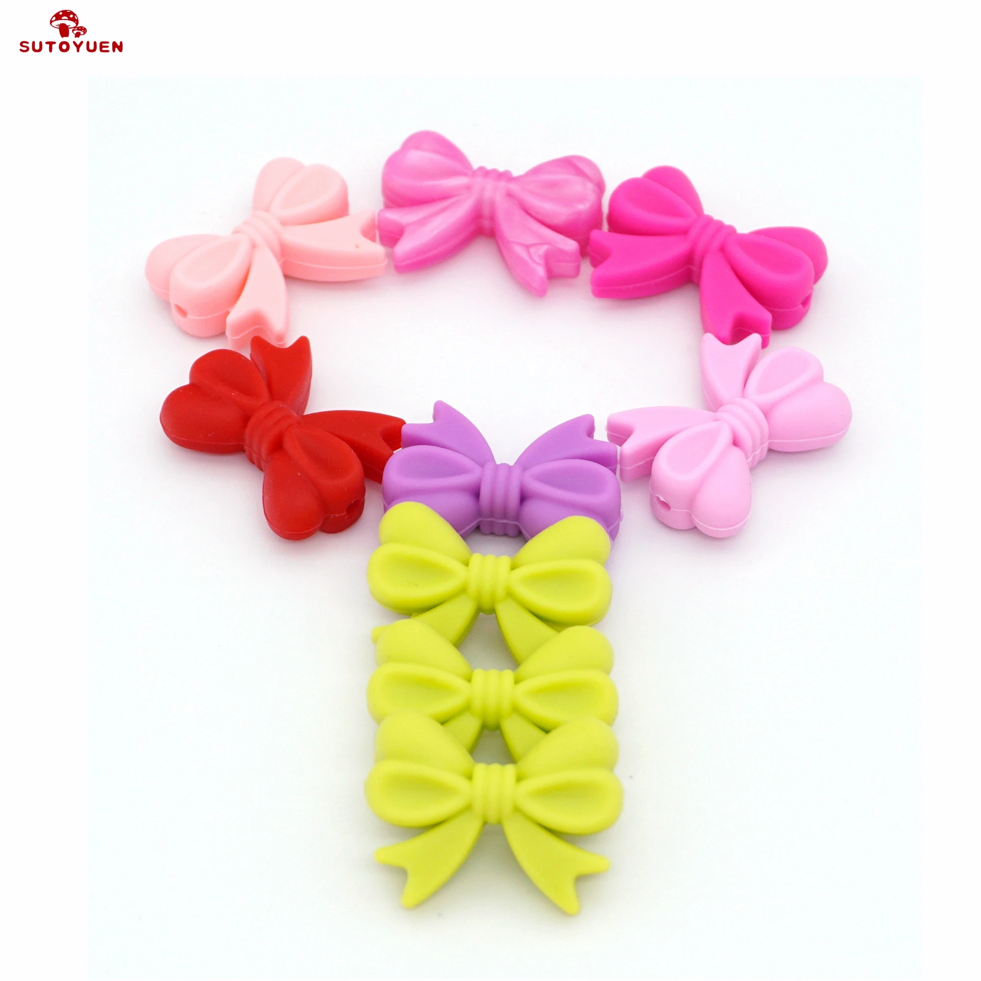 Sutoyuen 10pcs Silicone Teether Beads Bow DIY Baby Shower Chewing Teething Beads Safe Sensory Toy Bow-Knot  Accessories BPA Free