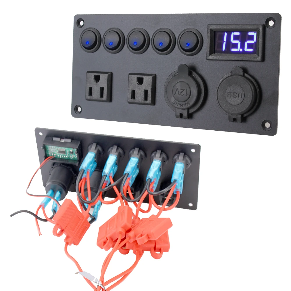 

12 В/24 В с американской вилкой, автомобильная панель переключателя, двойной USB-порт, 5-клавишный переключатель для автомобиля, яркий цифровой вольтметр