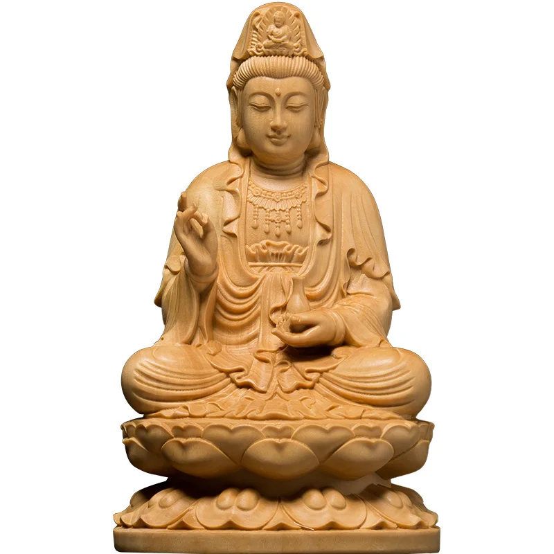 Kuan Yin Figurine, Guan Yin Wood Carving, Floral Base, Handcrafted, Wooden Buddha Sculpture, Artistry, Pristine Handmade