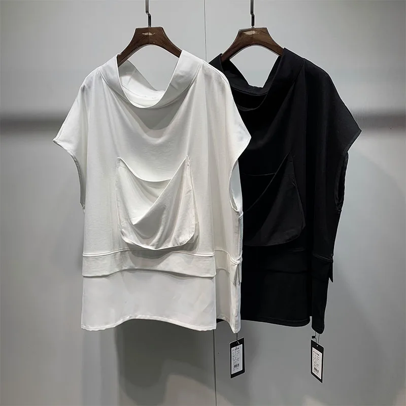 Men's summer traditional style, big pocket design, loose collar, sleeveless T-shirt, dark hipster men's style, stitching T-shirt