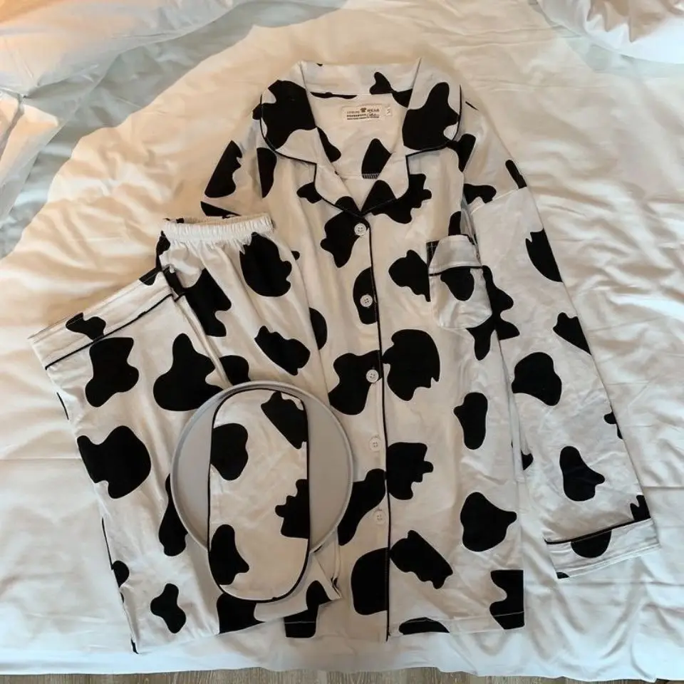 Pajama Sets Women Printed Cow Korean-style Couples Long-sleeve Homewear Clothing Comfortable Students Loose Leisure Fashion Chic