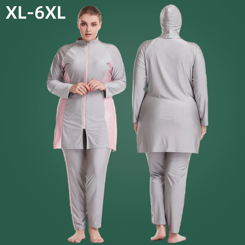 

Burkini 6xl Muslim Swimwear Women Plus Size Gray Long Sleeve Full Swimsuit Cover Up Islamic Woman Borkini Modest Bathing Suit