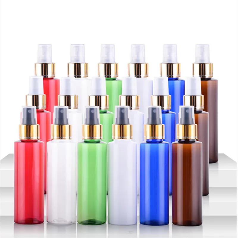 

50pcs/Lot New 100ml Flat Shoulder Plastic Empty PET Atomizer Perfume Liquid White Spray Bottle With Anodized Gold Aluminum Cap