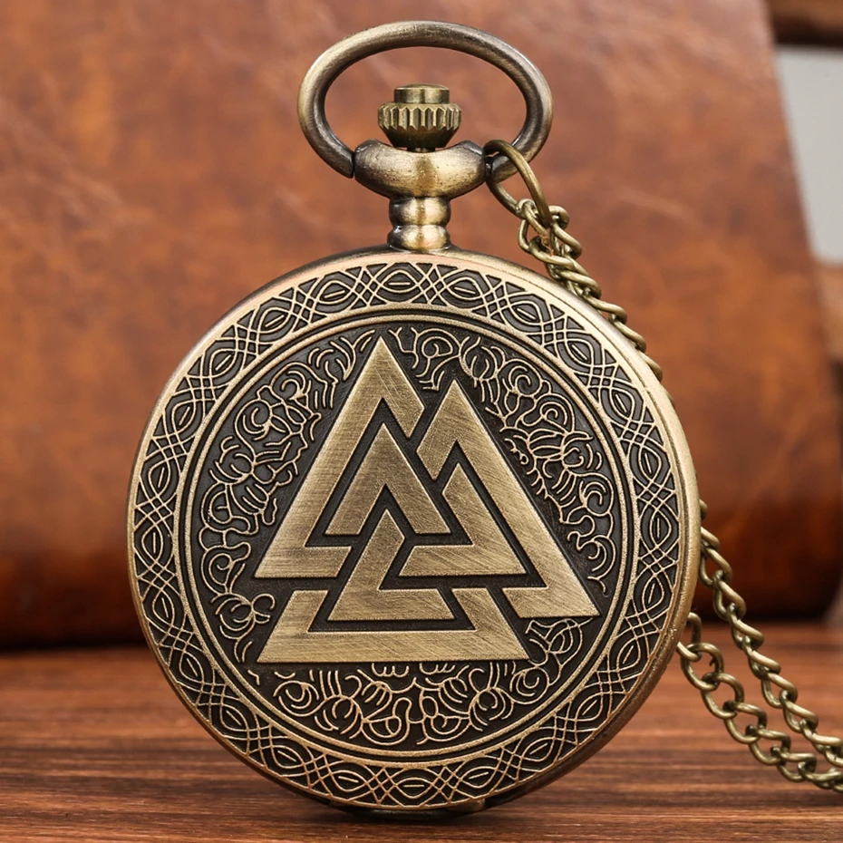 Bronze  Vintage Triangle Valknut Norse Vikings Quartz Pocket Watch Necklace Chain Three Interlocking Mythology Analog Fob Watch