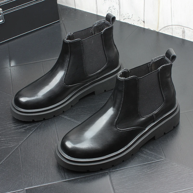 mens casual business office formal dress chelsea boots black platform shoes gentleman cowboy boot genuine leather ankle botas