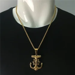 Men's Cross Rudder Anchor Pendant Necklace Gold Color Plated Jewelry High Quality Metal Navigation Religious Necklace