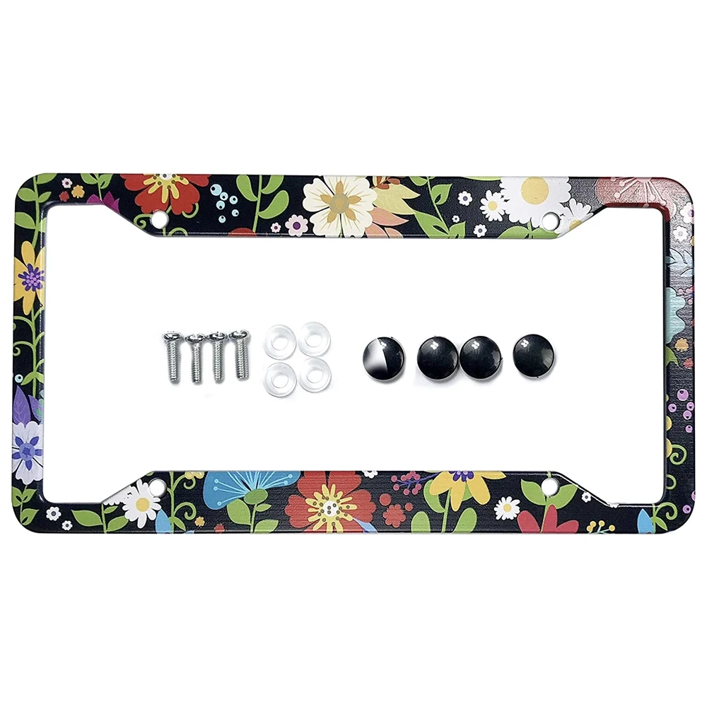 Bright Color Daisy Flower License Plate Holder All Over Hippie Boho Floral License Plate Frame with Tropical Hawaiian Flowers