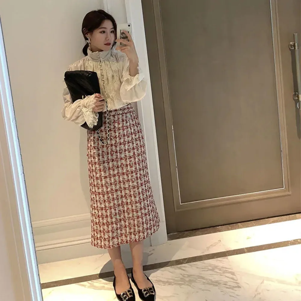 2023 Autumn New Small Fragrant Wind Tweed Skirt Office Lady Mid-length High Waist Business Plaid Elegant Bag Hip One Step Skirt