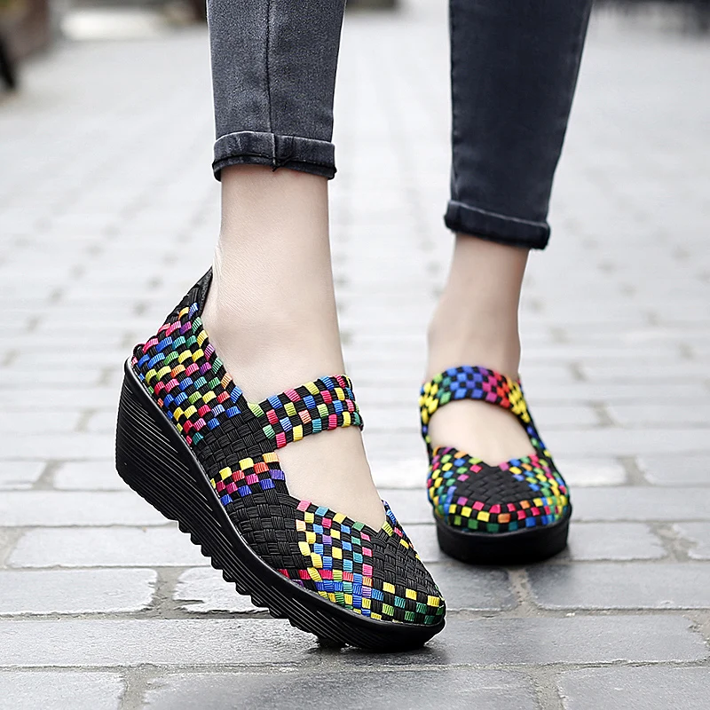 Women Shoes Flat Platform Breathable Summer Walking Shoes Women Sneakers Slip On 5CM Heel Handmade Female Flats Zapatillas Mujer