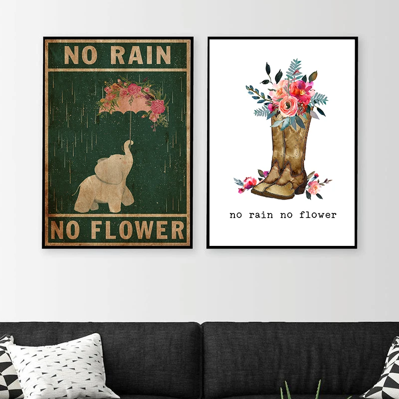 No Rain No Flowers Umbrella Little Elephant Inspirational Quote Art Print Vintage Poster Boots Floral Canvas Painting Wall Decor