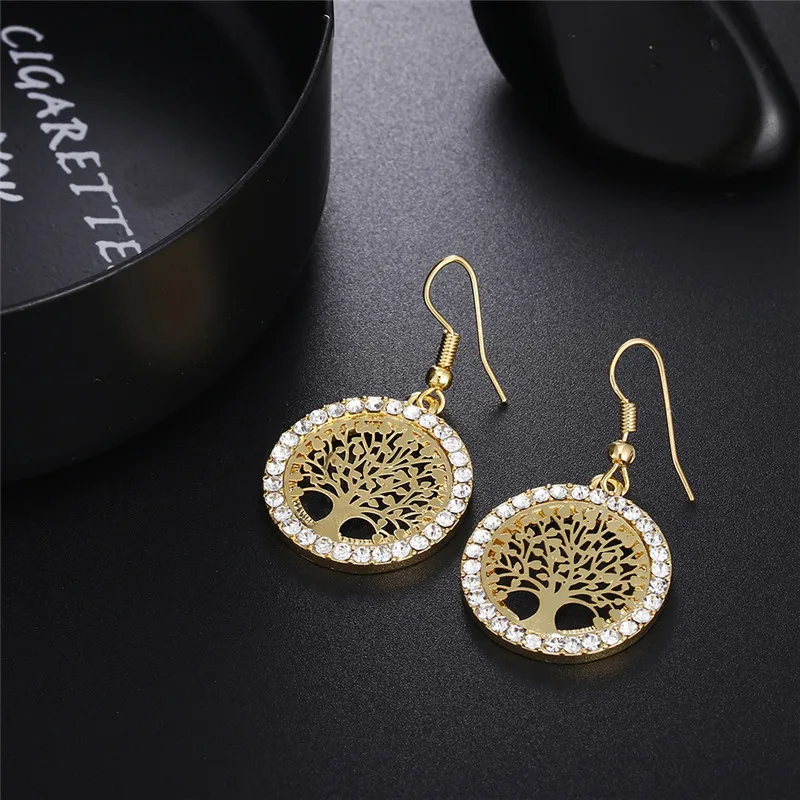 Gold Color Drop Crystal Earrings Women Hollow Out Tree of Life Pattern Round Earring moda mujer Jewelry 2024 Fashion Pendientes