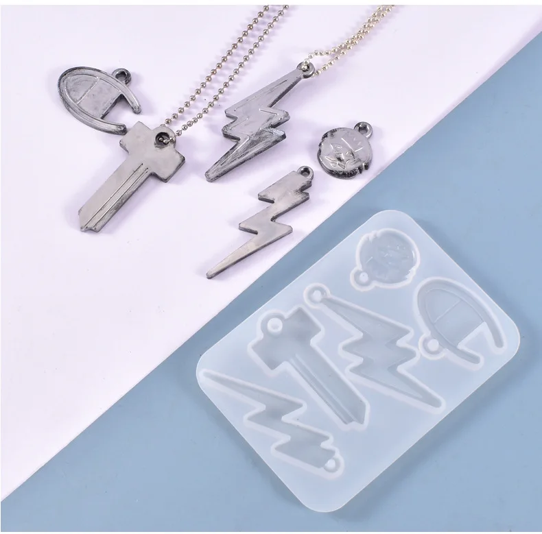 Crystal Mirror Silicone Mold Astronaut Lightning Key Pendant Jewelry Necklace Mold For Resin DIY Casting Transparent Resin Molds