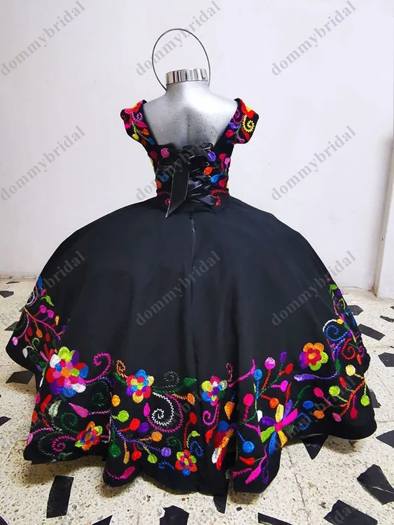 2023 colorido flor bordado sexy preto bola vestido para meninas quinceanera concurso baile de formatura vestidos formais para crianças meninas pequenas mexicana