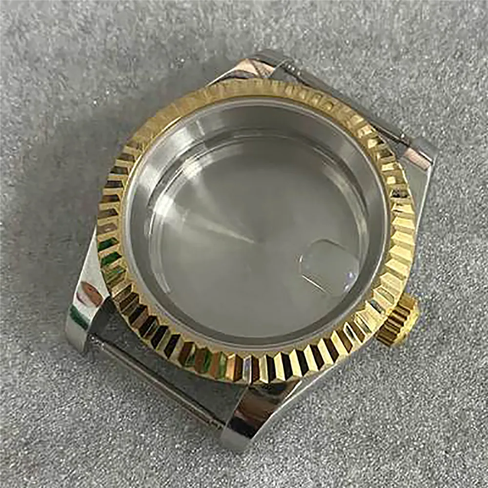 39mm caixa de relógio galvanoplastia quarto ouro oyster tipo perpétuo/cão dentes círculo vidro safira para nh35/nh36/4r movimento