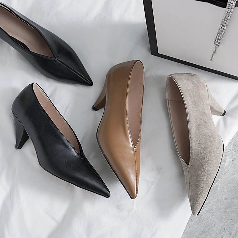 hot VANGULL women Genuine Leather shoes cow leather Sheep suede spike heels pointed toe women pumps professional office career