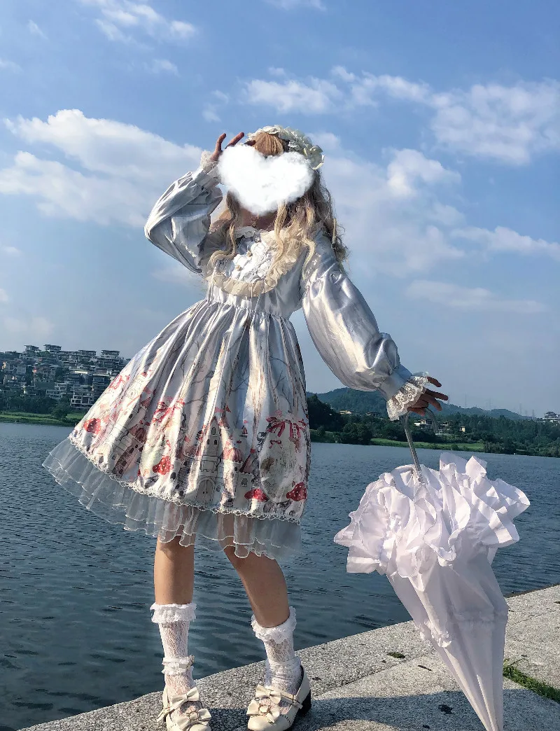 Vestido de manga larga con estampado para mujer, vestido Retro gótico de princesa Lolita con cuello Peter Pan y correa de cintura alta, novedad de Otoño/Invierno de 2019