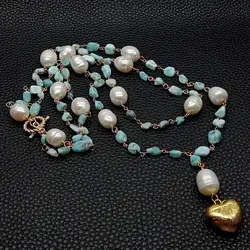 Y·YING Blue Larimars White Rice freshwater Pearl statement Necklace Heart Brushed Gold Plated Pendant necklace 21