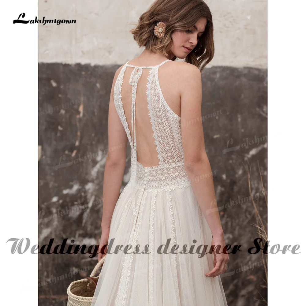 Vestido de novia de encaje bohemio, elegante, con tirantes finos, cuello en V, corte lateral de tul, 2022