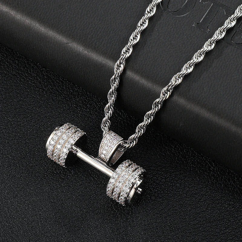 Hip Hop Iced Out Bling Rope Chain Barbell Gym Fitness Dumbbell Gold Color Hand Pendants &Necklaces For Men Tennis Chain Jewelry