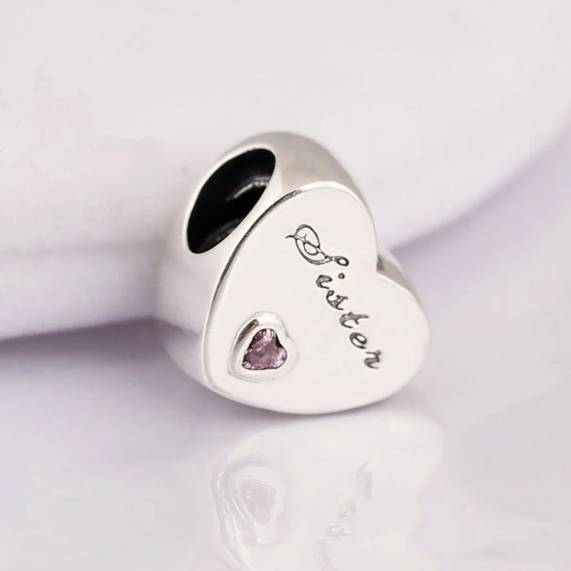 925 Sterling Silver Beads Letter Sister Crystal Heart Charms Fit Original pandora Bracelet Necklace For Women DIY Jewelry