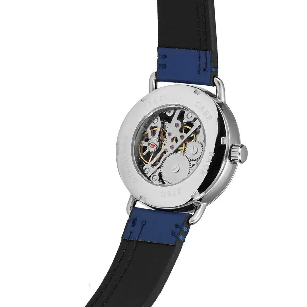 T-WINNER Simple casual men\'s and women\'s watches with blue dial and leather strap automatic mechanical watch