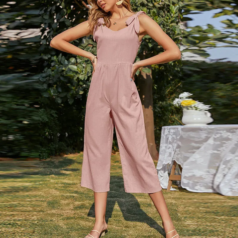 Mùa Hè Ngày Lễ Bãi Biển Khoác Jumpsuit Nữ Không Tay Cotton Lanh Ống Rộng Rompers Thanh Lịch Cột Nơ Vai Áo Liền Quần Đùi Nữ