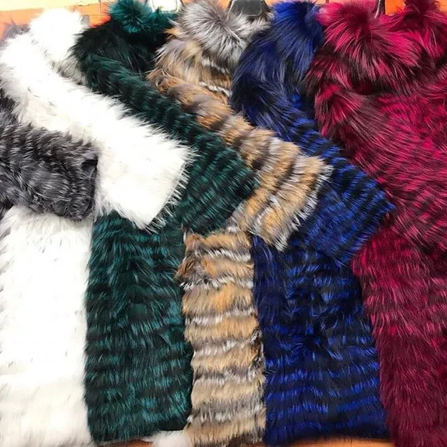 Women's Striped Real Silver Fox Fur Coat, Long Cardigen with Wool Lining, Big Size Clothes, Elegant Outwear, Spring, Lux18A09164