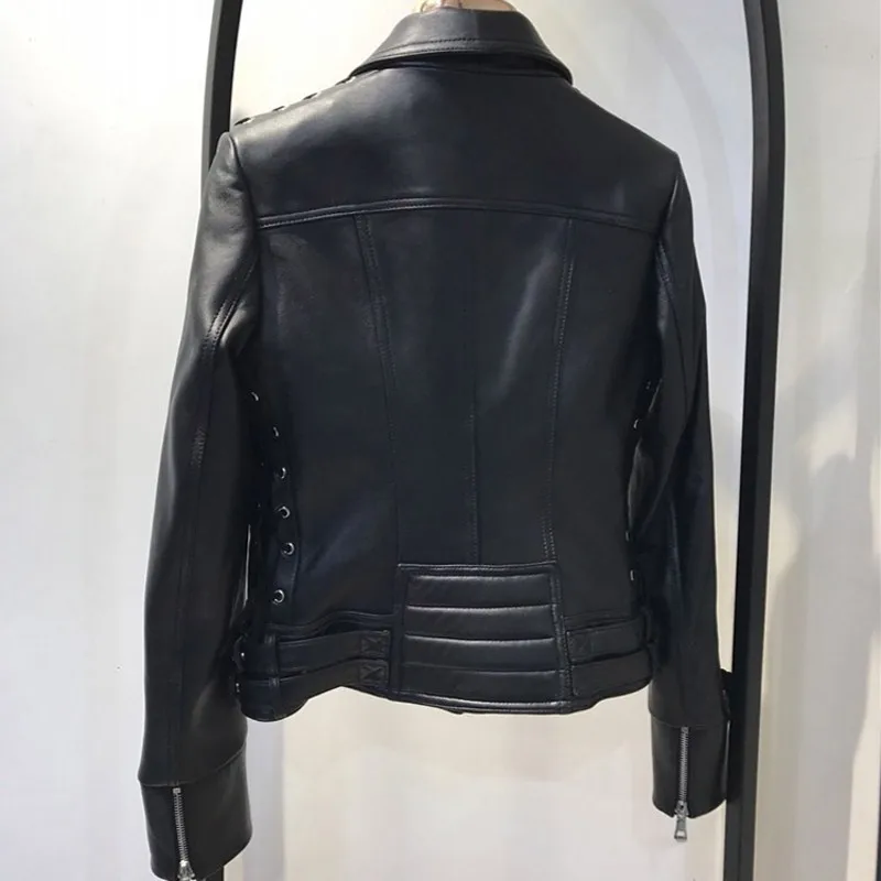 Di alta Qualità Alla Moda del Cuoio Genuino Delle Donne Giubbotti Lace Up Slim Fit Moto Biker di pelle di Pecora Grande Formato Cappotti Della Tuta Sportiva Femminile